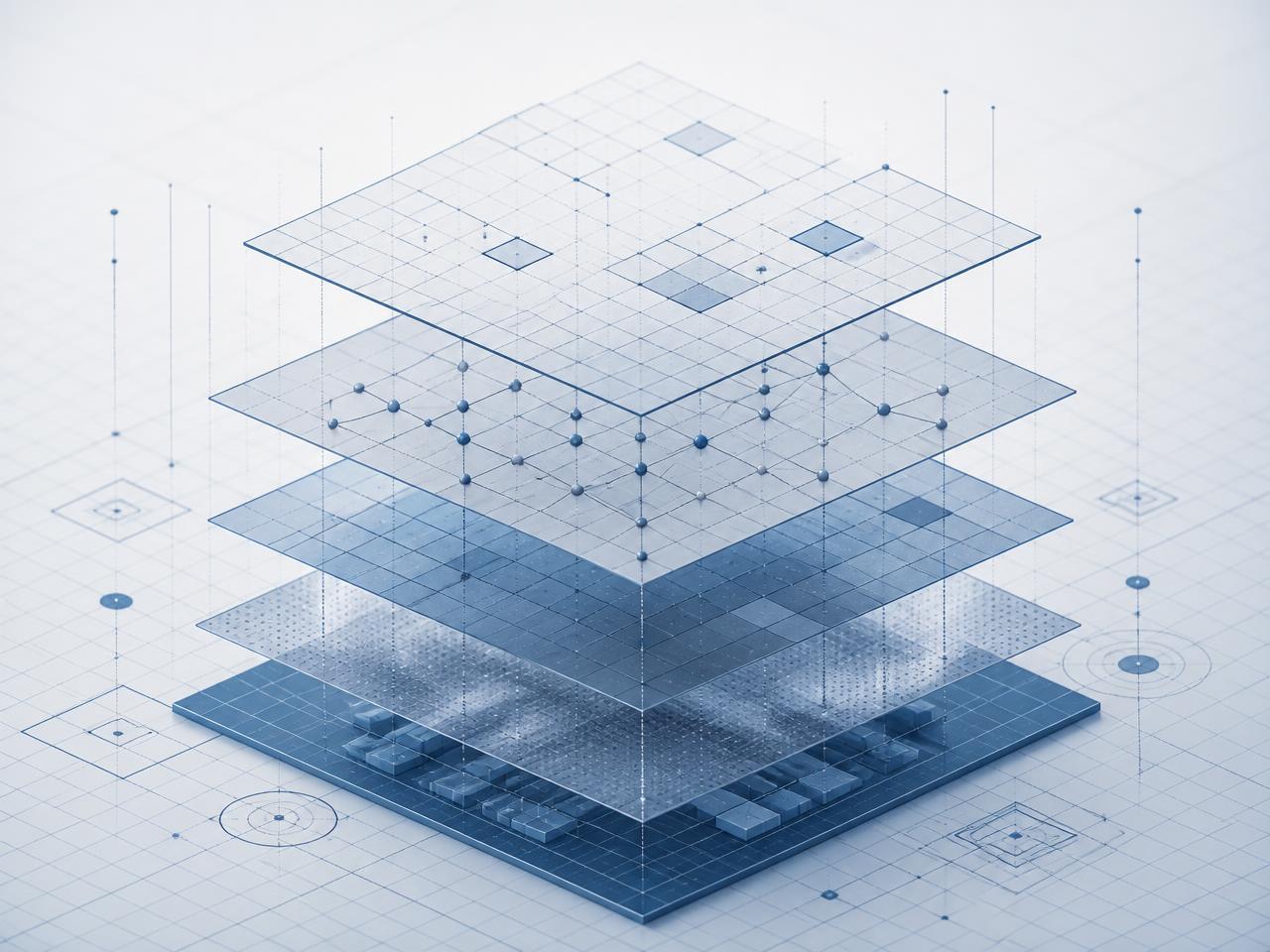 Exploded isometric diagram of stacked system layers rendered in pale blueprint tones