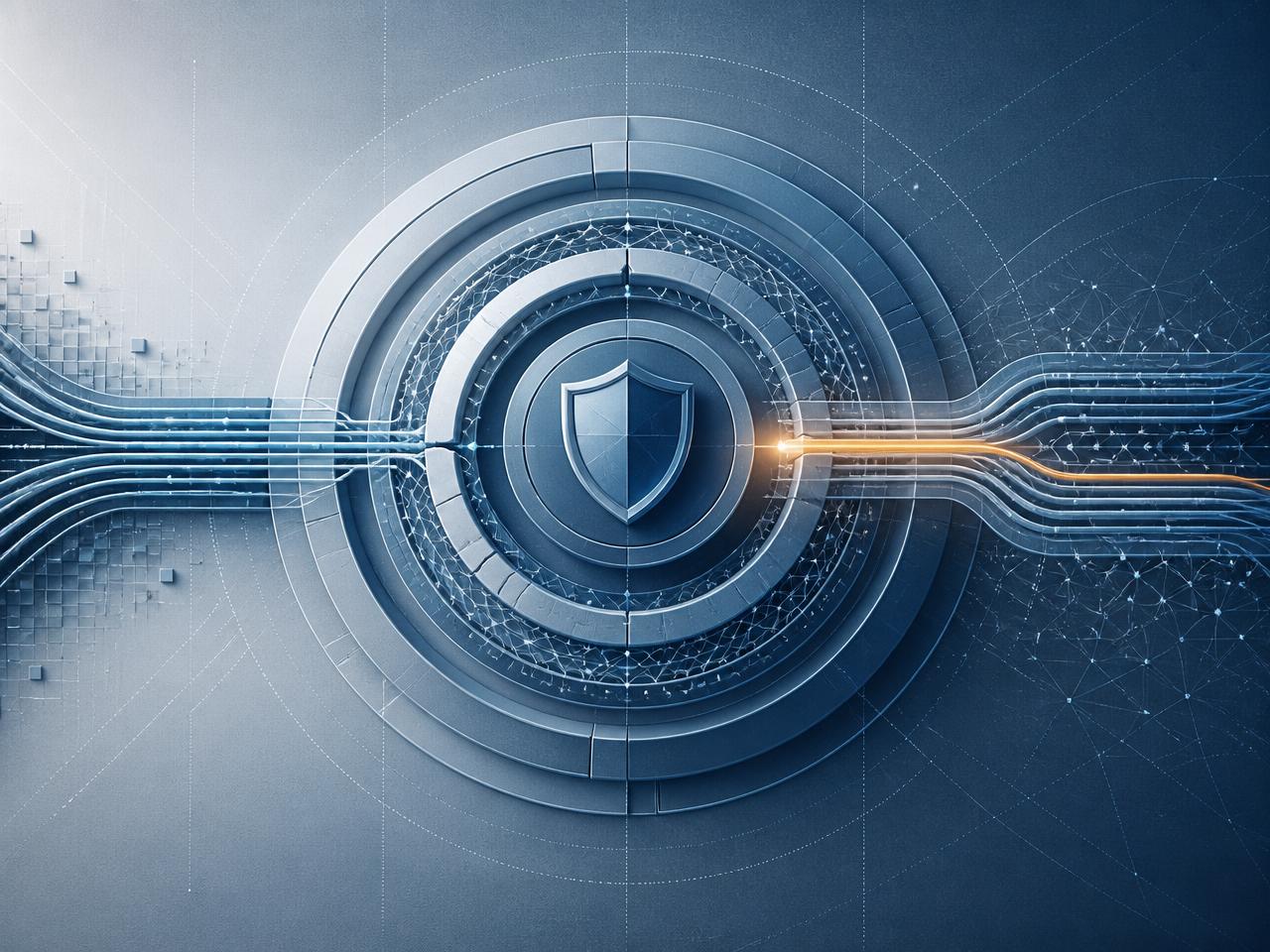 Abstract diagram of data paths passing through layered protective rings in cool blue tones
